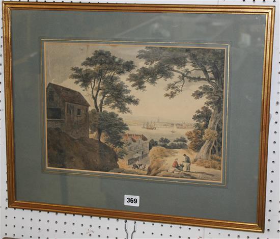 Circle of Francis Nicholson (1793-1844), Estuary scene with shipping and figures in the foreground, watercolour